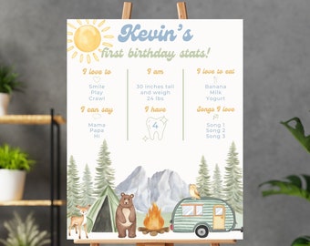 May include: A watercolor illustration of a woodland scene with a tent, campfire, and a camper van. The illustration is used as a first birthday milestone poster for a baby named Kevin. The poster lists Kevin's stats, including his height, weight, and favorite foods. The poster also includes a list of songs Kevin loves.