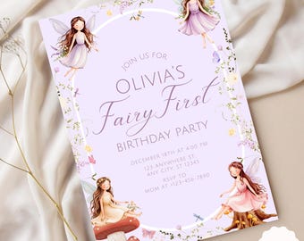 Fairy First Birthday Invitation Enchanted Garden 1st Birthday Invite Whimsical Fairy Party Girl Birthday Template Editable Download F4