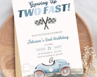 TWO Fast Birthday Invitation Race Car Second Birthday Invite Vintage Race Car Growing Up Two Fast 2nd Birthday Editable Instant Download