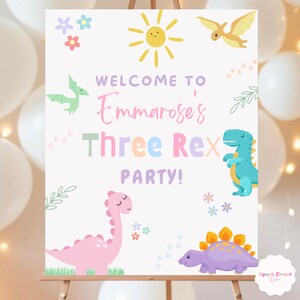 Dinosaur Birthday Welcome Sign Three Rex Welcome Banner Dino Birthday Decor Dinosaur Theme Poster Custom Sizes 16x20, 18x24, 24x36 BP526
