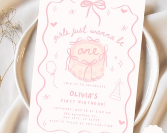 Girls Just Wanna Be One Birthday Invitation First Birthday Invite Girl Bow Birthday Invite Vintage Retro Birthday Doodle Invite 1st Birthday