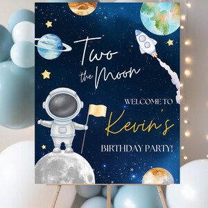 Two the Moon Birthday Welcome Sign Boy Space Birthday Banner 2nd Birthday Astronaut Galaxy Party Decor Moon Sign