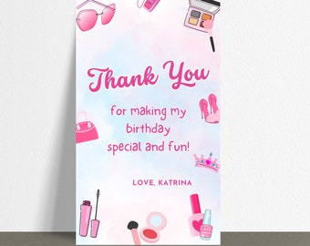 Threenager Birthday Thank You Card Fashion Makeup Girl Spa Birthday Digital Thank You Tag Printable Template Instant Download Editable BP547