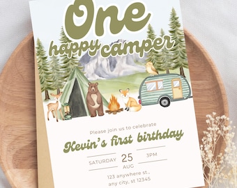 ONE Happy Camper Invitation First Birthday Invite Camping Birthday Forest Themed Woodland Animal Birthday Invitation Digital Download