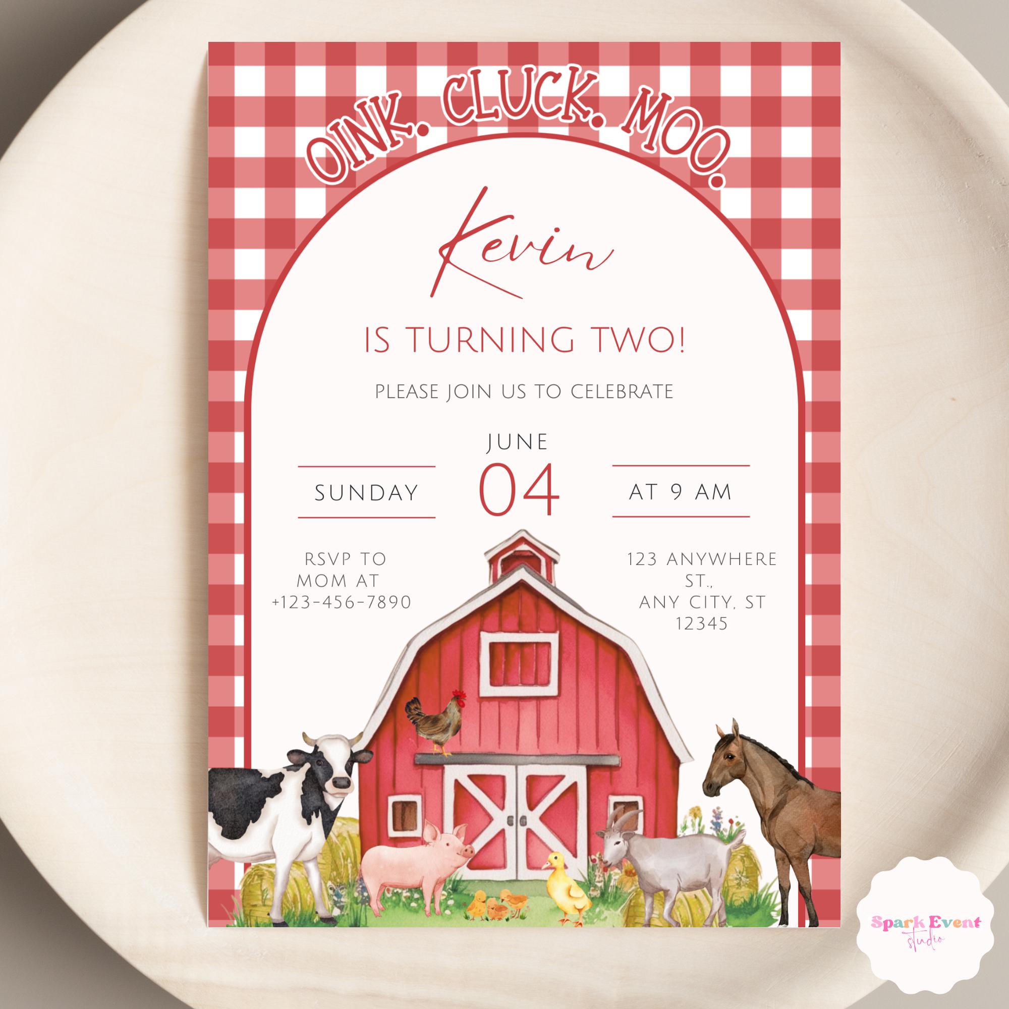 Editable Red Farm Birthday Invitation Boy Farm Animals Party Red ...