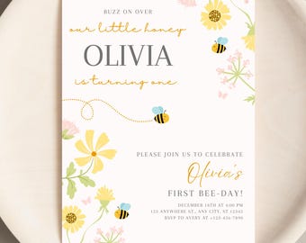 Bee First Birthday Invitation Little Honey is Turning One Sweet to Bee One Invite Bee Day First Birthday Invite Bee Theme Editable Template