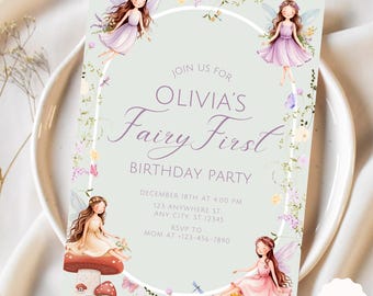 Fairy First Birthday Invitation Enchanted Garden Sage 1st Birthday Invite Whimsical Fairy Party Girl Birthday Template Editable Download F3