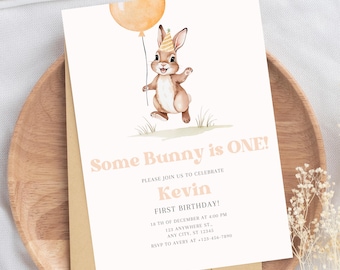 Une invitation d'anniversaire de lapin, une invitation d'anniversaire de lapin de Pâques, un modèle modifiable d'anniversaire minimaliste de printemps, une invitation de fête d'anniversaire de lapin mignon