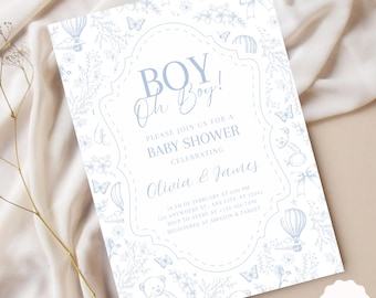 Könnte beinhalten: Eine blaue und weiße Babyparty-Einladung mit einem zarten Blumenmuster und Heißluftballons. Der Text lautet "BOY! Oh Boy!" und enthält Details zur Veranstaltung, einschließlich Datum, Uhrzeit, Ort und RSVP-Informationen.