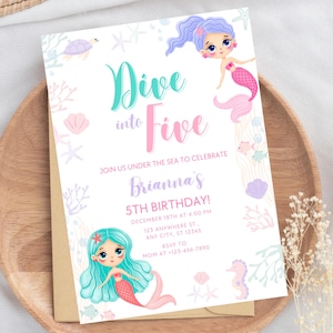 Dive into Five Mermaid Birthday Invitation Mermaid Invite Under the Sea Birthday Party Fifth Birthday Party Little Mermaid Editable M19