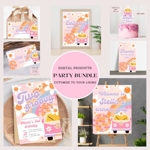 May include: A digital party bundle with a groovy 70s theme. The bundle includes a welcome sign, invitation, thank you sign, and a cake topper. The design features a pink and orange colour scheme with a rainbow, flowers, and a retro van.