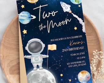 Two the Moon Birthday Invitation Boy Space Birthday Two the Moon Party Digital Invite Boy Second Birthday Astronaut Galaxy Invite BP546