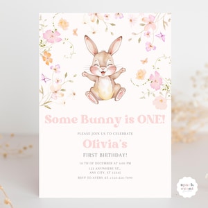 Floral Some Bunny Birthday Invitation Easter Bunny Party Invite Spring Birthday Template Editable Cute Flower Bunny Birthday Celebration