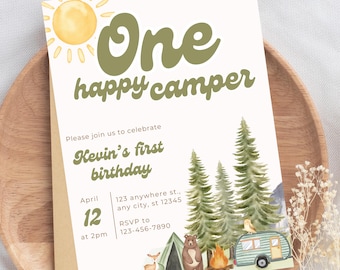 ONE Happy Camper Invitation First Birthday Invite Camping Birthday Forest Themed Woodland Animal Birthday Invitation Digital Download