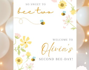 Sweet to Bee Birthday Welcome Sign Bee Theme Party Poster Editable Bumble Bee Birthday Decor Bee Day Sign First or Second Birthday Template