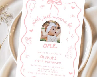 Girls Just Wanna Be One Birthday Invitation With Photo First Birthday Invite Girl Bow Birthday Invite Doodle Invite 1st Birthday