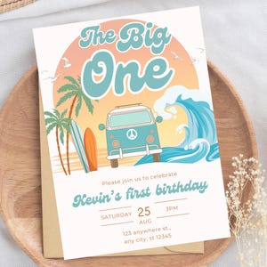 The Big One Birthday Surfing Party 1st Birthday Invitation Retro Boy or Girl Surf Van Surfboard Beach Party Editable Invite Instant Download