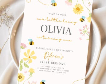 Sweet to Bee One Invitation First Bee Day Invite Little Honey First Birthday Bumble Bee Theme Editable Template Instant Download