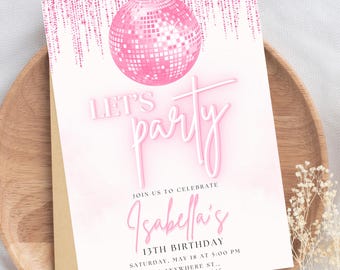 Disco Party Birthday Invitation Disco Ball Invite Dance Party Mirrorball Music Invitation Music Party Pink Disco Party Teen Girl Birthday