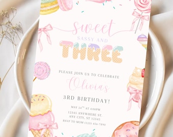 Sweet Sassy and Three Birthday Invitation Girl Third Birthday Dessert Theme Invite Candy Donut Ice Cream Sweets Party Editable Canva