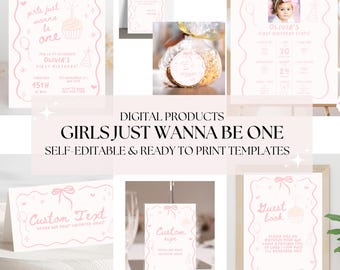 Girls Just Wanna Be One Birthday Bundle Retro First Birthday Party Package Girl Bow Invitation Decor Favor Tags Milestone Stat Thank You Tag