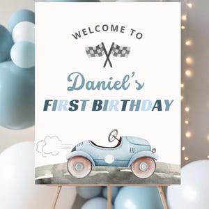Fast One Race Car Birthday Welcome Sign Vintage Blue Racing Party Decoration Checkered Flag Birthday Printable Sign Racing Welcome Poster