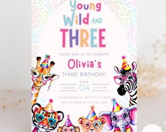 Editable Young Wild and Three Birthday Invitation Safari Animals Third Birthday Jungle Theme Party Cheetah Leopard Print Download PA5