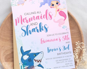 May include: A pink and blue invitation card with a mermaid and a shark. The text reads "Calling all Mermaids and Sharks. Join us to celebrate Brianna's 5th and Kevin's 3rd Birthdays! 18th of December at 4:00 PM 123 Anywhere St., Any City, ST 12345 RSVP to Mom at +123-456-7890"