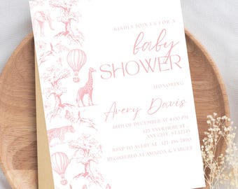 Toile de Jouy Baby Shower Invitation Pink Baby Shower Invite Safari Baby Shower Floral Baby Shower Toile Baby Shower Girl Shower Editable