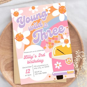 Groovy Geburtstagsparty-Einladung Boho Retro Groovy Hippie Geburtstag Daisy Hippie Jung Wild & Drei bearbeitbare Einladen Sofort Download BP542