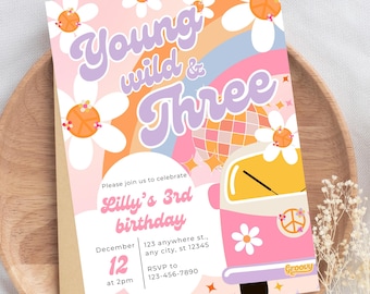 Groovy Birthday Party Invitation Boho Retro Groovy Hippie Birthday Daisy Hippie Young Wild & Three Editable Invite Instant Download BP542