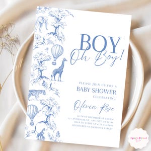Toile Safari Baby Shower Invitation Blue Toile Baby Shower Template Floral Jungle Invite for Boy Editable Safari Invite