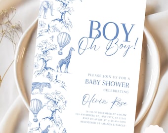 Toile Safari Baby Shower Invitation Blue Toile Baby Shower Template Floral Jungle Invite for Boy Editable Safari Invite