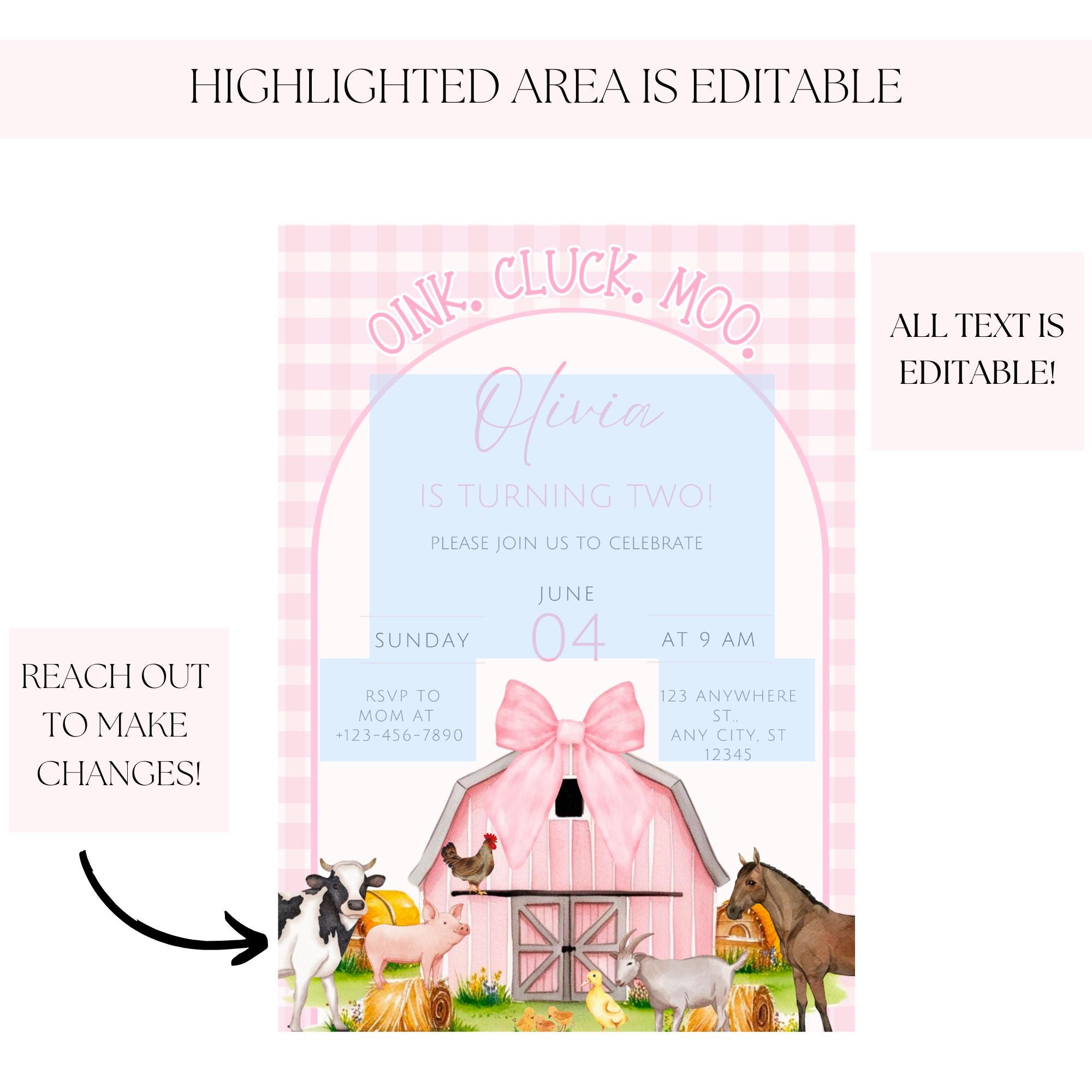 Editable Pink Farm Birthday Invitation Girl Farm Animals Party Pink ...