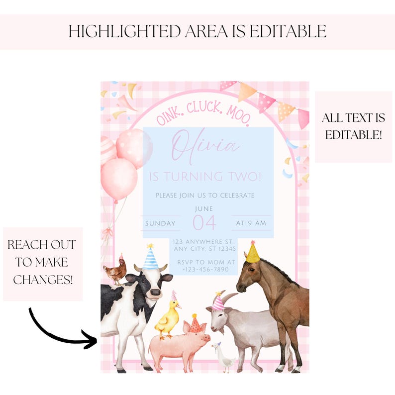 Editable Pink Farm Birthday Invitation Girl Farm Animals Party Pink ...