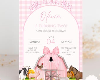 Editable Pink Farm Birthday Invitation Girl Farm Animals Party Pink Barnyard Birthday Printable Farm Theme Invitation Download FA1
