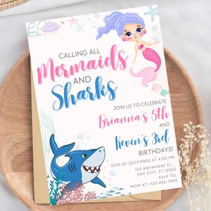 Mermaid and Shark Birthday Invitation Mermaid and Shark Party Sibling Birthday Party Joint Birthday Invite Under the Sea Twin Birthday MS1