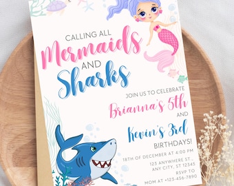 Mermaid and Shark Birthday Invitation Mermaid and Shark Party Sibling Birthday Party Joint Birthday Invite Under the Sea Twin Birthday MS1