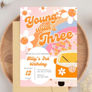 Groovy Geburtstagsparty-Einladung Boho Retro Groovy Hippie Geburtstag Daisy Hippie Jung Wild & Drei bearbeitbare Einladen Sofort Download BP542