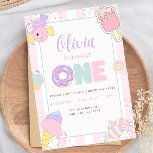 Sweet One Birthday Invitation Donut Birthday Invite Ice Cream 1st Birthday First Birthday Girl Birthday Party Digital Invite BP545