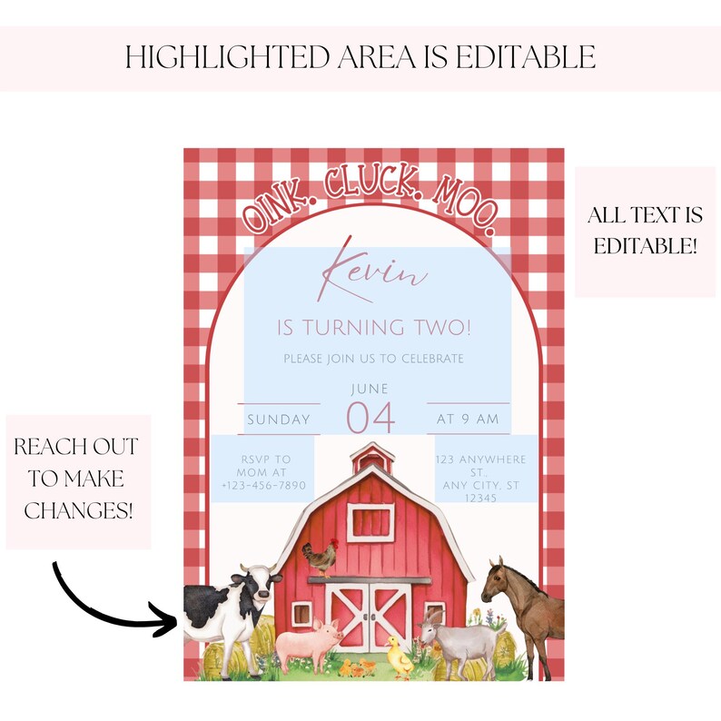 Editable Red Farm Birthday Invitation Boy Farm Animals Party Red ...