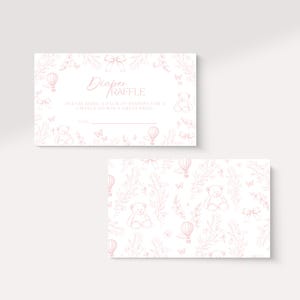 Toile de jouy baby shower luier loterij stoffige roze Franse toile baby shower decor bloemen baby shower heteluchtballon kaart bewerkbaar