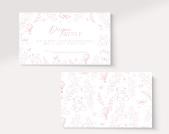 Sorteio de fraldas para chá de bebê Toile de Jouy, rosa empoeirado, decoração francesa para chá de bebê, chá de bebê floral, cartão de balão de ar quente editável