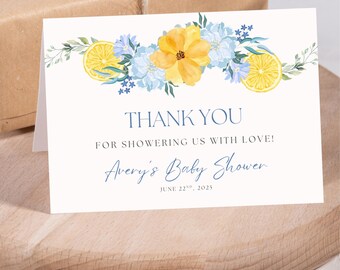 Citrus bedankkaart blauwe citroen bloemen douche briefpapier afdrukbaar mediterraan thema voor babyshower bruids douche lente/zomer evenement