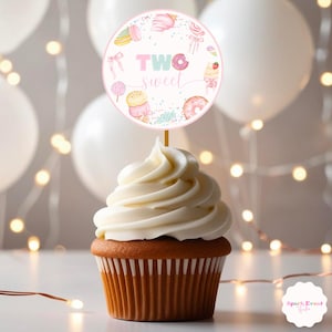 Two Sweet Birthday Cupcake Toppers Stickers Party Favor Tags Cup Stickers Girl 2nd Birthday Candy Donut Ice Cream Sweets Canva Editable