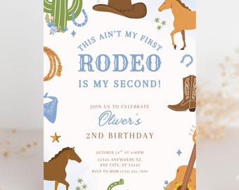 Second Rodeo Birthday Invitation Cowboy Birthday Party Aint My First Rodeo Blue Western Canva Template Mobile-Friendly Digital or Print