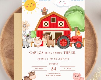 May include: A red barn with a white door and windows, a tractor, a donkey, a sheep, a horse, a chicken, a chick, and a pig. The text on the invitation reads "Carlos is turning three. Join us to celebrate. Saturday, October 24 at 4 PM. 123 anywhere st., any city, st 12345."
