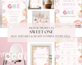 Sweet One Birthday Bundle Girl First Birthday Dessert Theme Candy Donut Ice Cream Party Decorations & Invitation Editable Canva Set