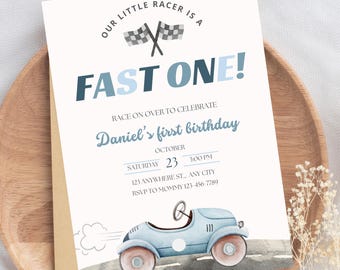 Fast One Birthday Invitation Race Car First Birthday Invite Vintage Race Car Fast One Racing Birthday Blue Race Car Invite