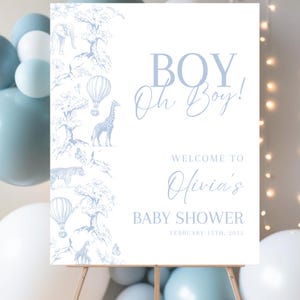 Letrero de bienvenida para baby shower de Toile de Jouy, póster floral con temática de safari en azul polvoriento, decoración editable para baby shower, Boy Oh Boy Shower
